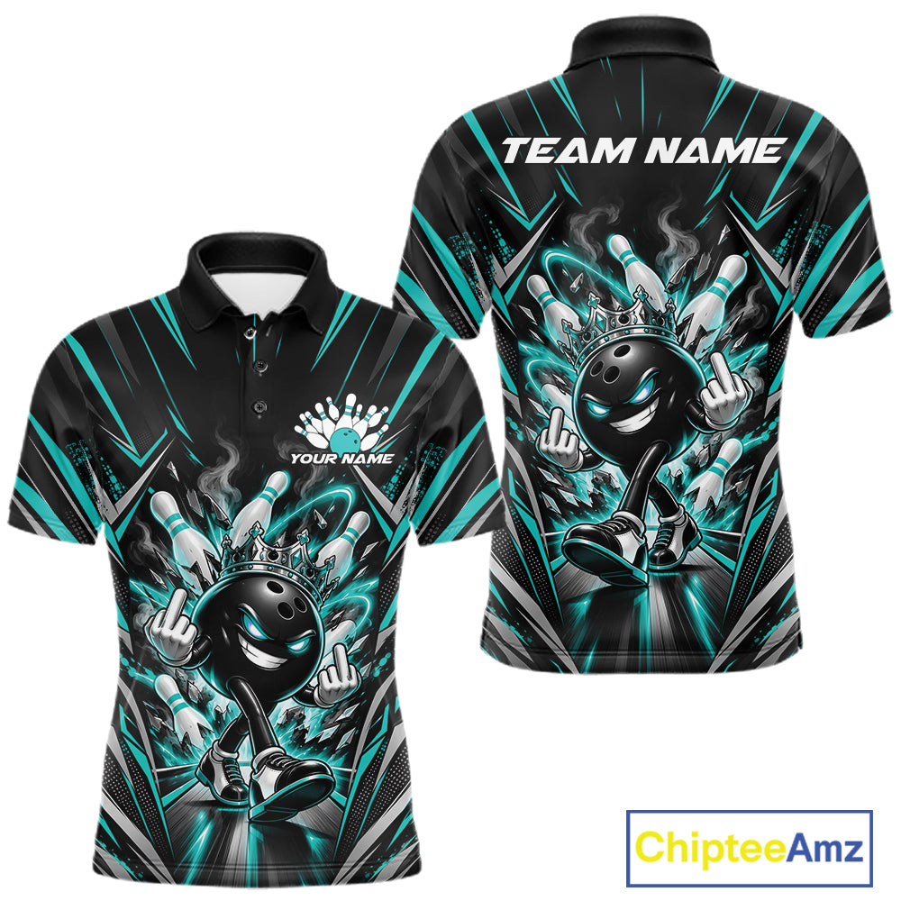 Custom Black And Turquoise Blue Funny Bowling Ball With Crown Bowling Team Men Polo Shirt IPHW12327