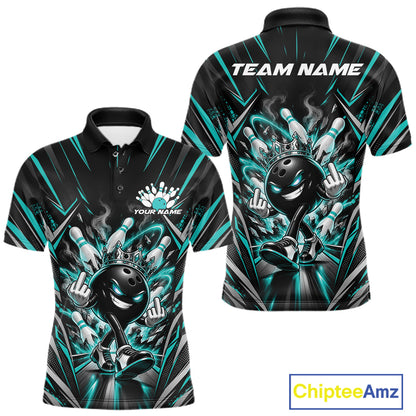 Custom Black And Turquoise Blue Funny Bowling Ball With Crown Bowling Team Men Polo Shirt IPHW12327