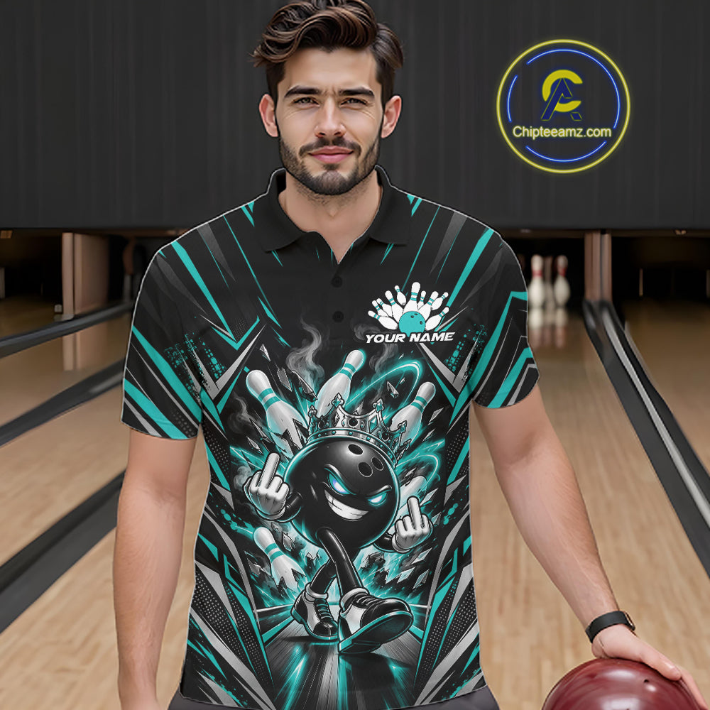 Custom Black And Turquoise Blue Funny Bowling Ball With Crown Bowling Team Men Polo Shirt IPHW12327