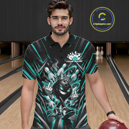 Custom Black And Turquoise Blue Funny Bowling Ball With Crown Bowling Team Men Polo Shirt IPHW12327