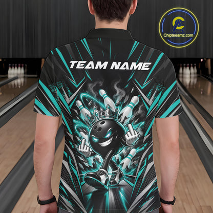 Custom Black And Turquoise Blue Funny Bowling Ball With Crown Bowling Team Men Polo Shirt IPHW12327