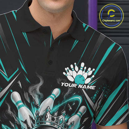 Custom Black And Turquoise Blue Funny Bowling Ball With Crown Bowling Team Men Polo Shirt IPHW12327