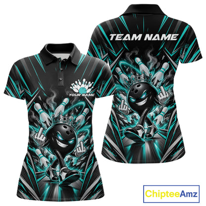 Custom Black And Turquoise Blue Funny Bowling Ball With Crown Bowling Team Women Polo Shirt IPHW12327