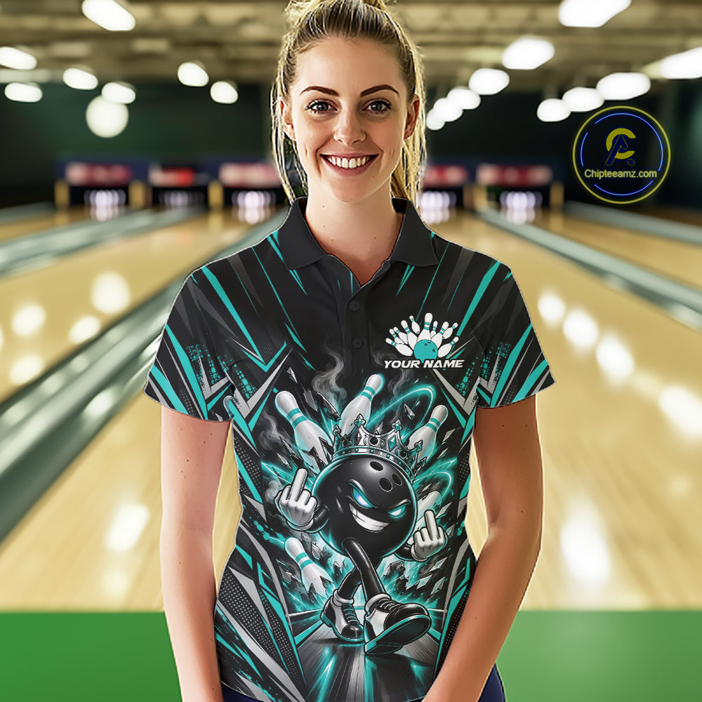 Custom Black And Turquoise Blue Funny Bowling Ball With Crown Bowling Team Women Polo Shirt IPHW12327