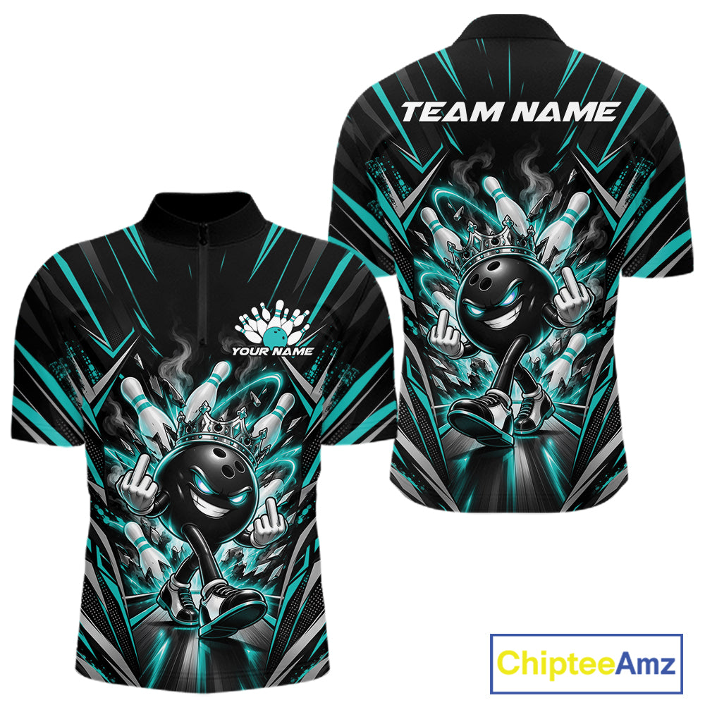 Custom Black And Turquoise Blue Funny Bowling Ball With Crown Bowling Team Men Quarter Zip Shirt IPHW12327