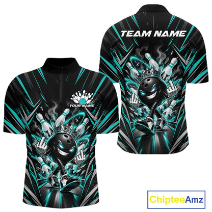Custom Black And Turquoise Blue Funny Bowling Ball With Crown Bowling Team Men Quarter Zip Shirt IPHW12327