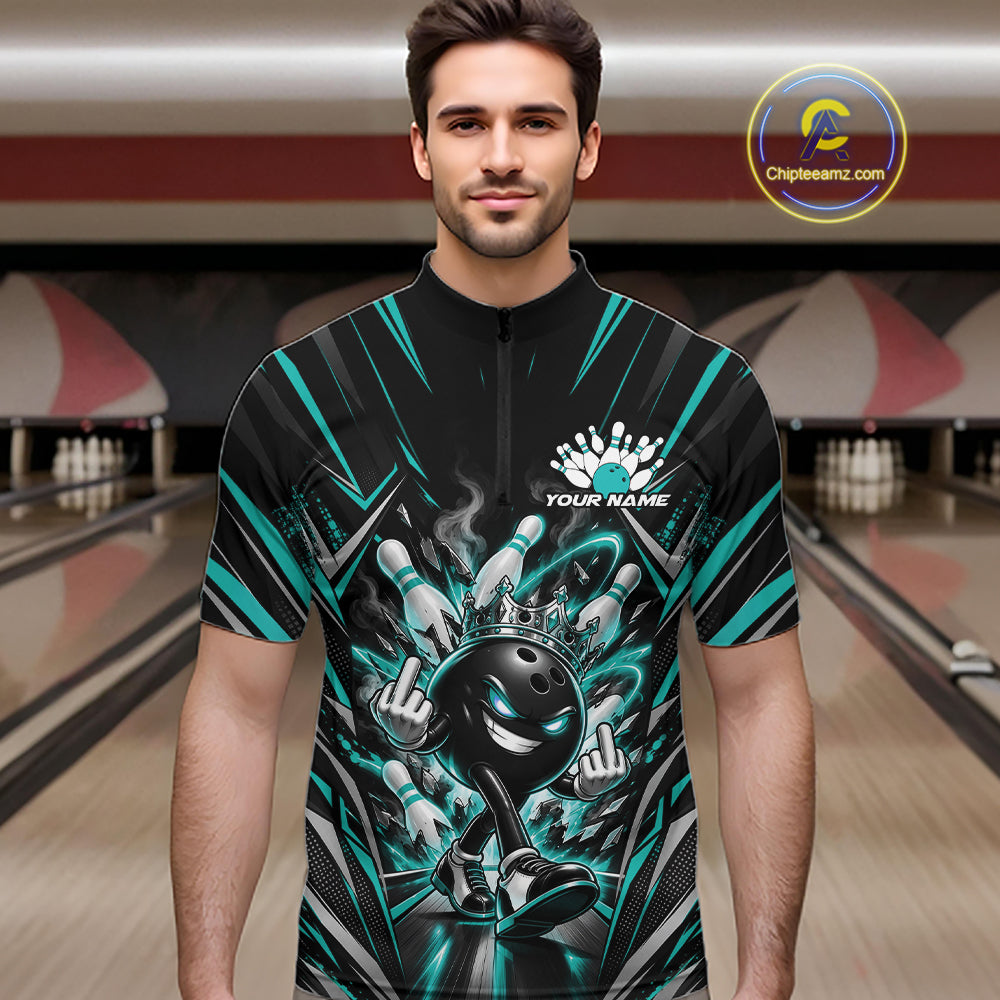 Custom Black And Turquoise Blue Funny Bowling Ball With Crown Bowling Team Men Quarter Zip Shirt IPHW12327
