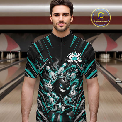 Custom Black And Turquoise Blue Funny Bowling Ball With Crown Bowling Team Men Quarter Zip Shirt IPHW12327