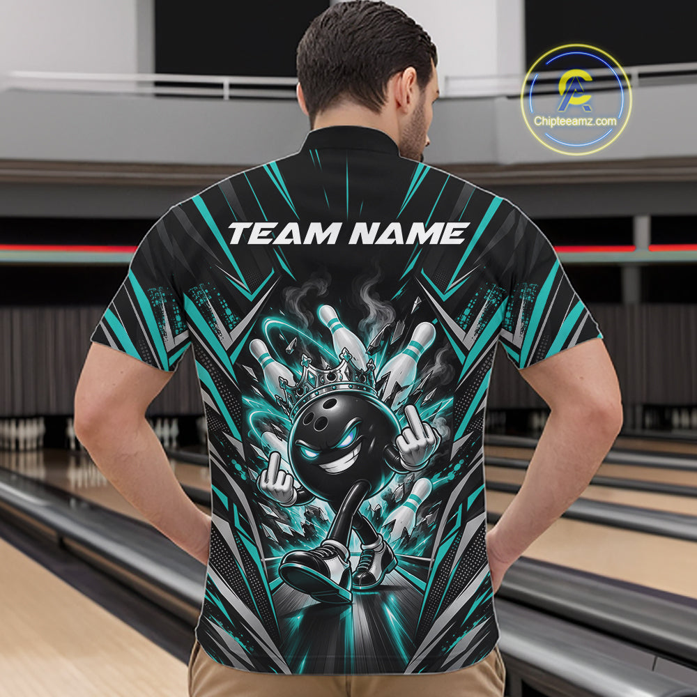 Custom Black And Turquoise Blue Funny Bowling Ball With Crown Bowling Team Men Quarter Zip Shirt IPHW12327
