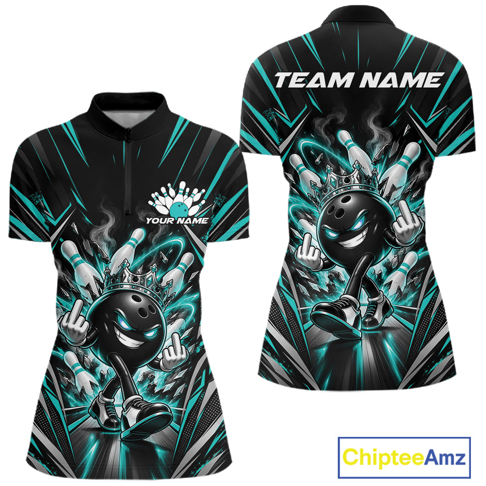 Custom Black And Turquoise Blue Funny Bowling Ball With Crown Women Quarter-Zip Shirt IPHW12327