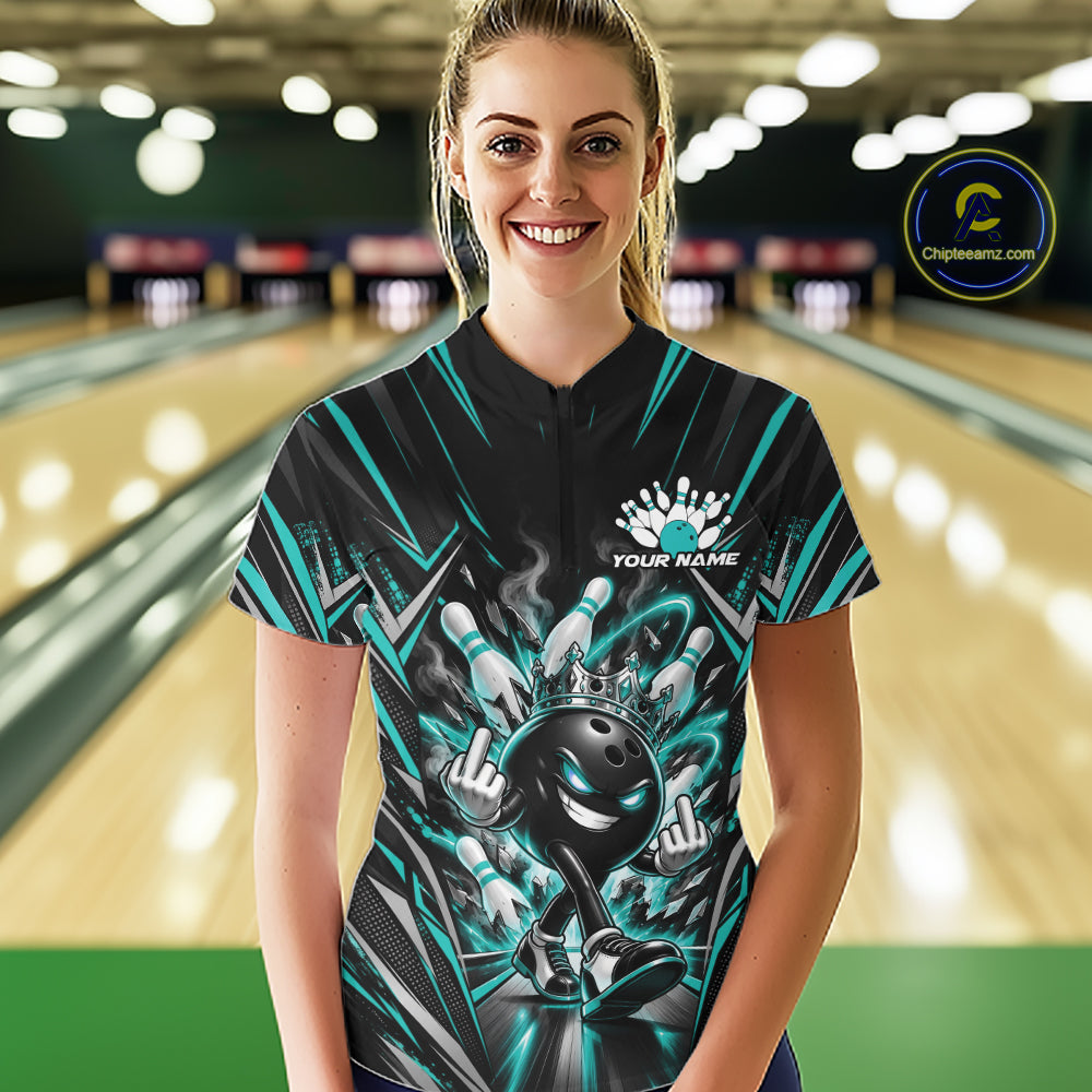 Custom Black And Turquoise Blue Funny Bowling Ball With Crown Women Quarter-Zip Shirt IPHW12327