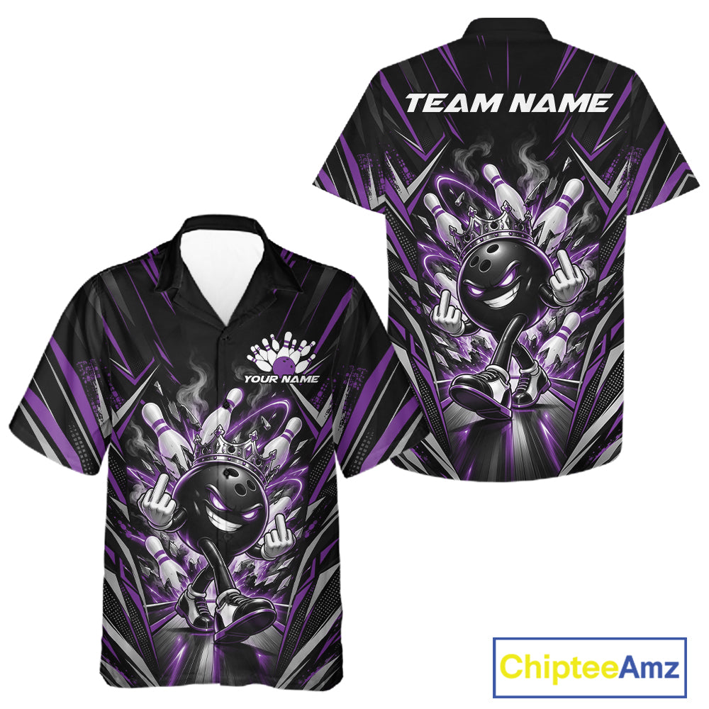 Custom Black And Purple Funny Bowling Ball With Crown Bowling Team Men And Women Button Up Shirt IPHW12328