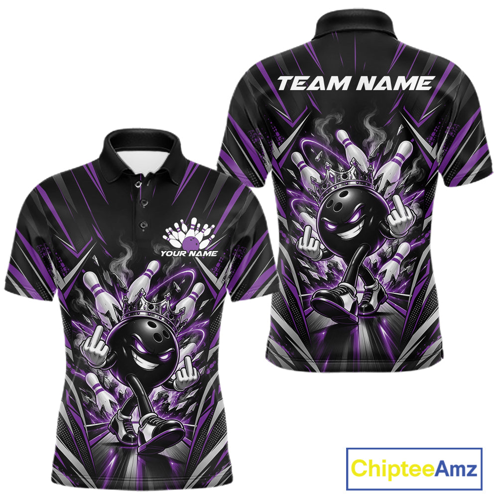 Custom Black And Purple Funny Bowling Ball With Crown Bowling Team Men Polo Shirt IPHW12328