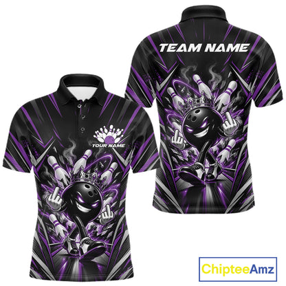 Custom Black And Purple Funny Bowling Ball With Crown Bowling Team Men Polo Shirt IPHW12328