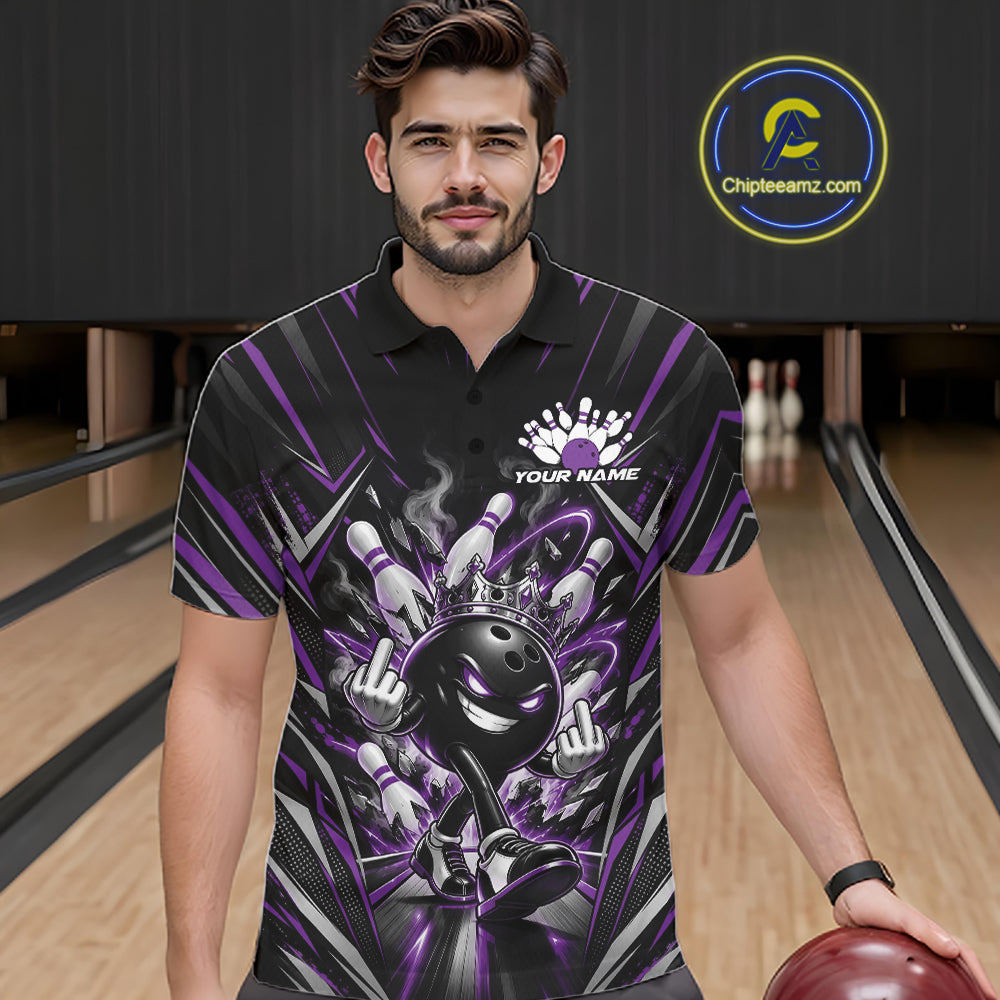 Custom Black And Purple Funny Bowling Ball With Crown Bowling Team Men Polo Shirt IPHW12328