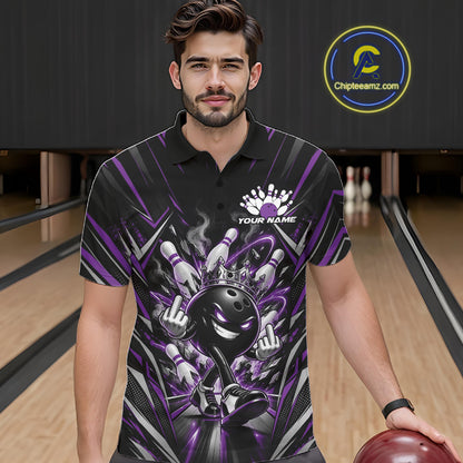Custom Black And Purple Funny Bowling Ball With Crown Bowling Team Men Polo Shirt IPHW12328