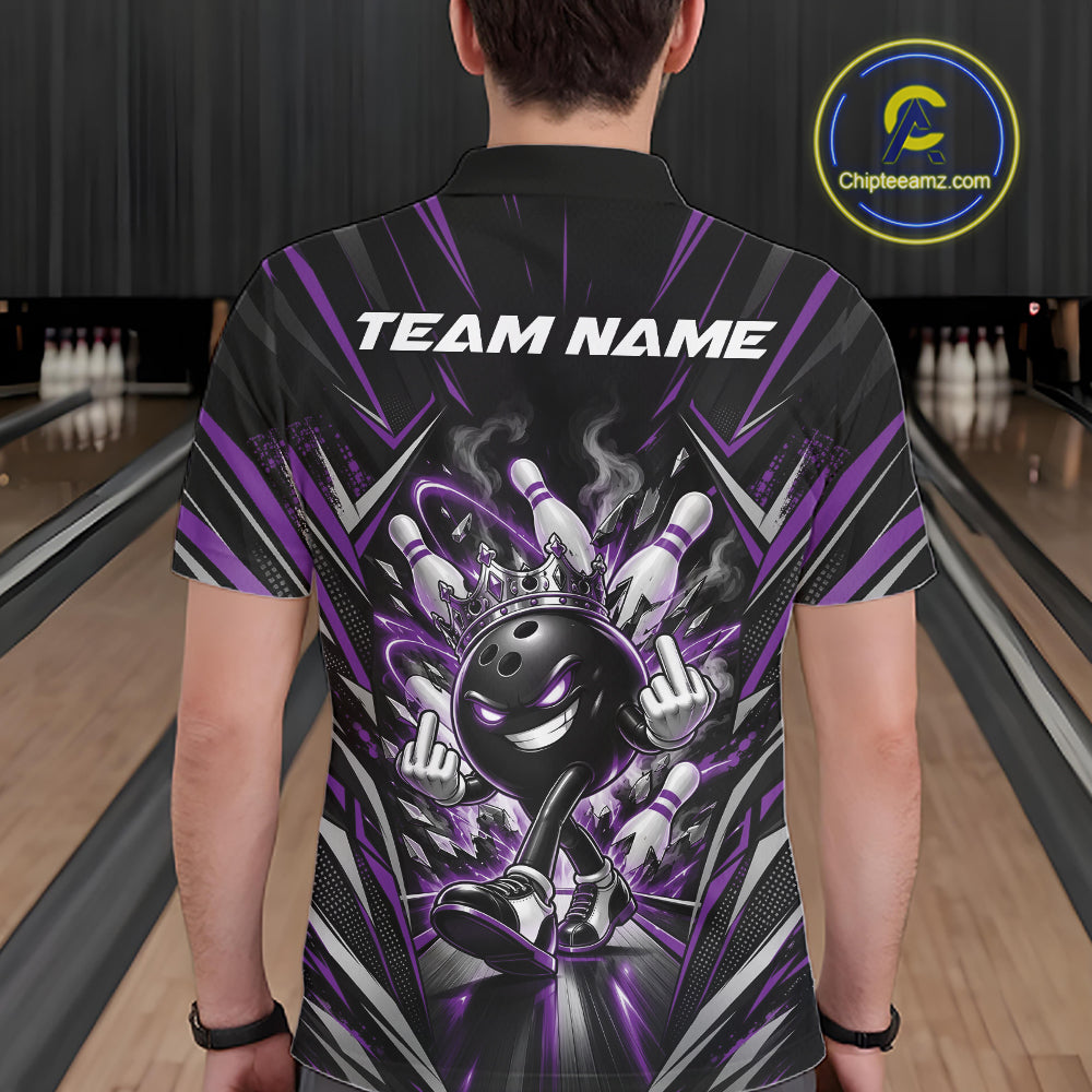 Custom Black And Purple Funny Bowling Ball With Crown Bowling Team Men Polo Shirt IPHW12328