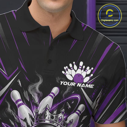 Custom Black And Purple Funny Bowling Ball With Crown Bowling Team Men Polo Shirt IPHW12328