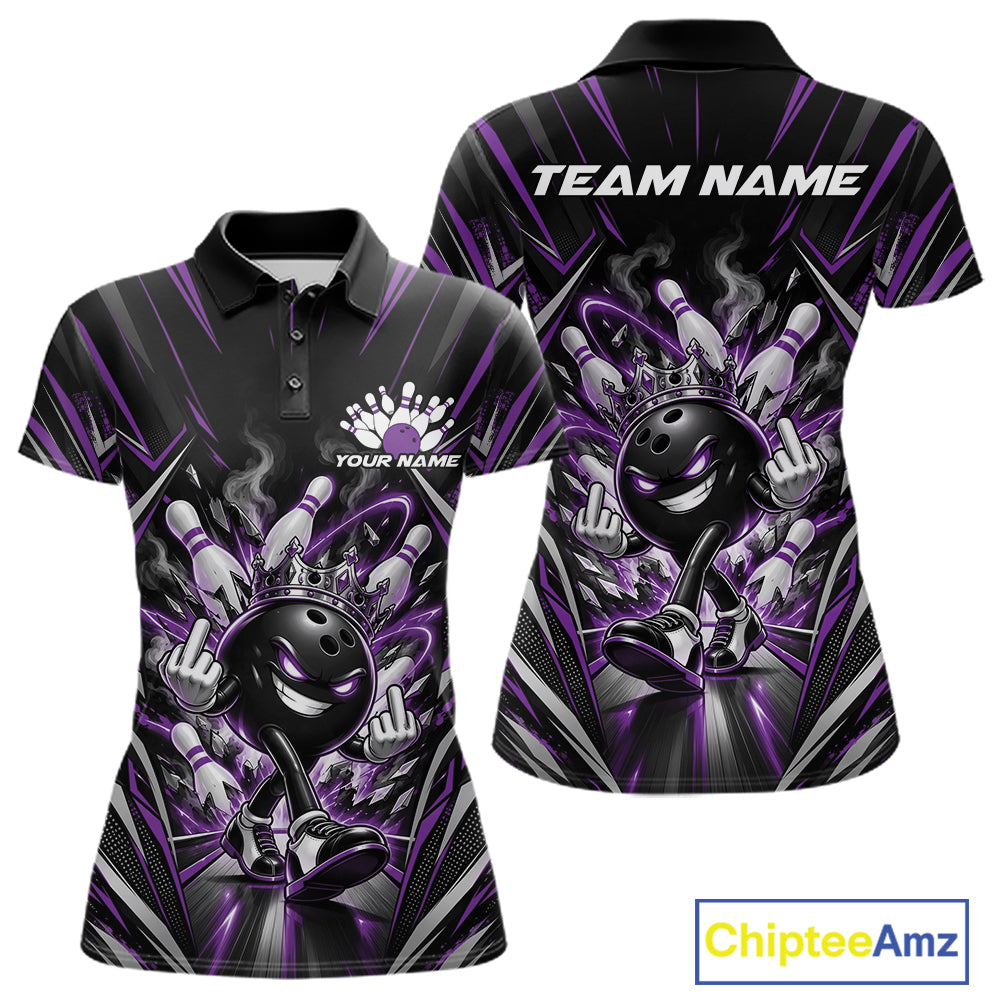Custom Black And Purple Funny Bowling Ball With Crown Bowling Team Women Polo Shirt IPHW12328