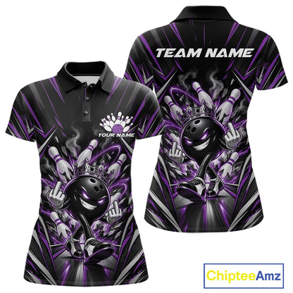 Custom Black And Purple Funny Bowling Ball With Crown Bowling Team Women Polo Shirt IPHW12328
