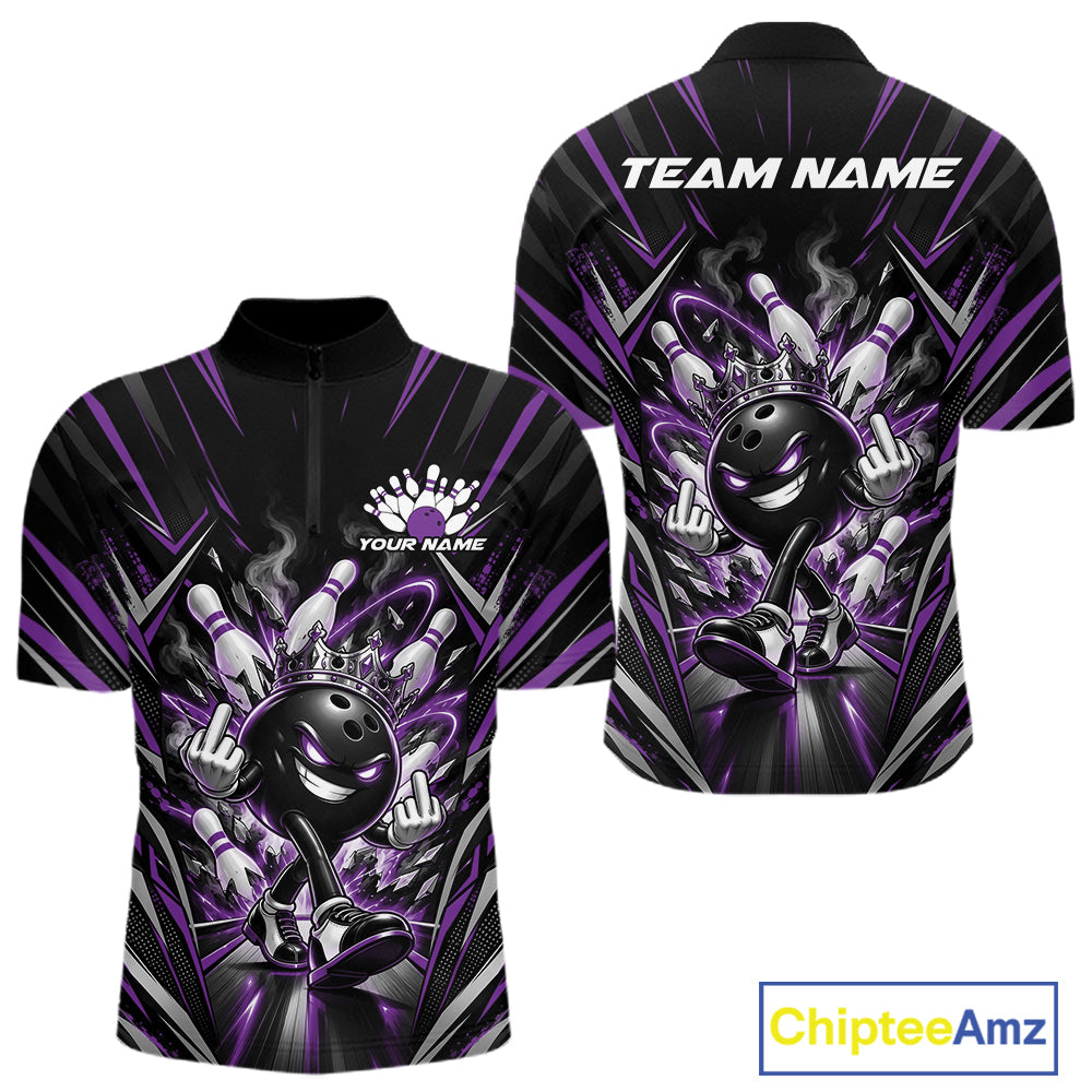 Custom Black And Purple Funny Bowling Ball With Crown Bowling Team Men Quarter Zip Shirt IPHW12328
