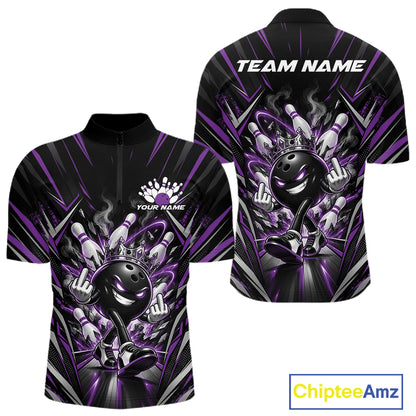 Custom Black And Purple Funny Bowling Ball With Crown Bowling Team Men Quarter Zip Shirt IPHW12328