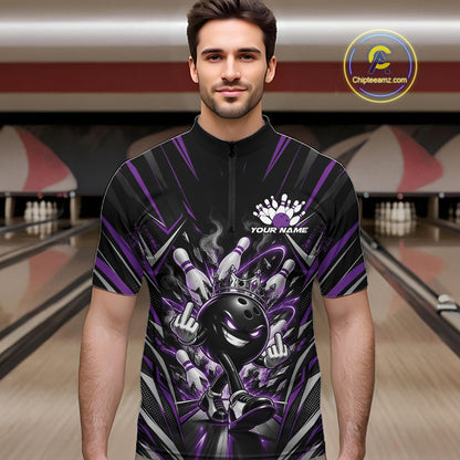 Custom Black And Purple Funny Bowling Ball With Crown Bowling Team Men Quarter Zip Shirt IPHW12328