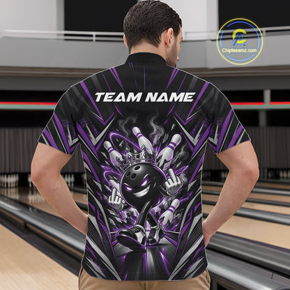 Custom Black And Purple Funny Bowling Ball With Crown Bowling Team Men Quarter Zip Shirt IPHW12328