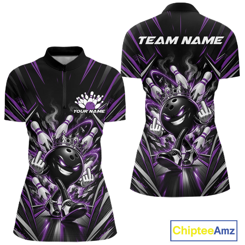 Custom Black And Purple Funny Bowling Ball With Crown Bowling Women Quarter-Zip Shirt IPHW12328