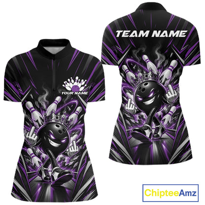 Custom Black And Purple Funny Bowling Ball With Crown Bowling Women Quarter-Zip Shirt IPHW12328