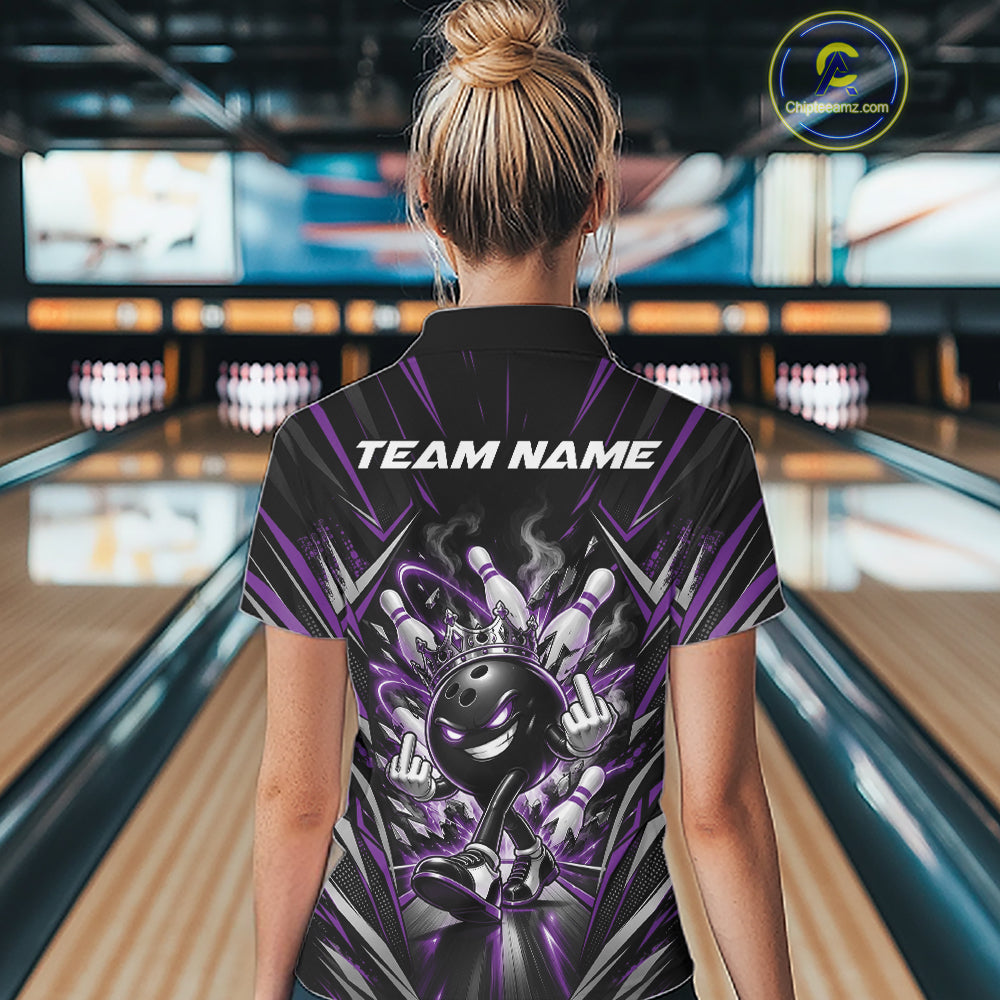 Custom Black And Purple Funny Bowling Ball With Crown Bowling Women Quarter-Zip Shirt IPHW12328