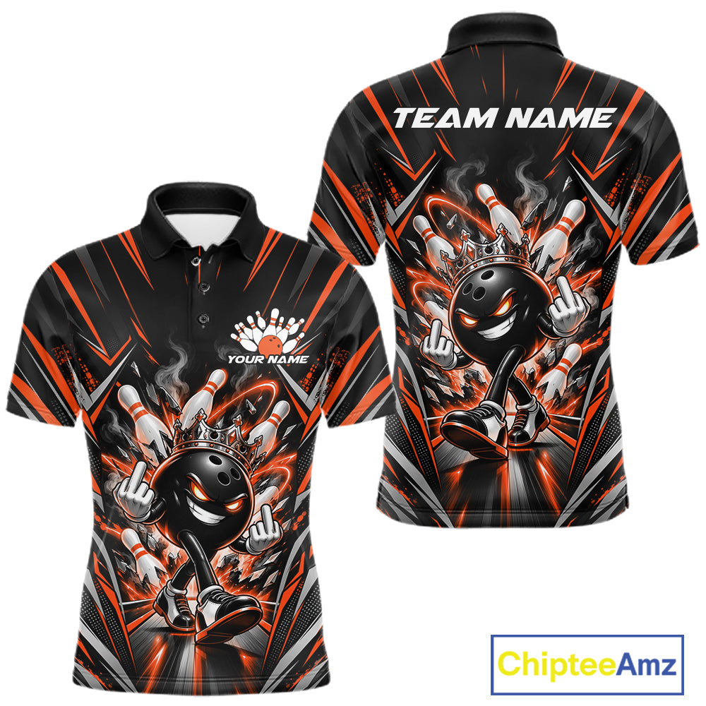 Custom Black And Orange Funny Bowling Ball With Crown Bowling Team Men Polo Shirt IPHW12329