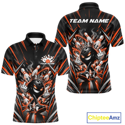 Custom Black And Orange Funny Bowling Ball With Crown Bowling Team Men Polo Shirt IPHW12329