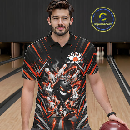 Custom Black And Orange Funny Bowling Ball With Crown Bowling Team Men Polo Shirt IPHW12329