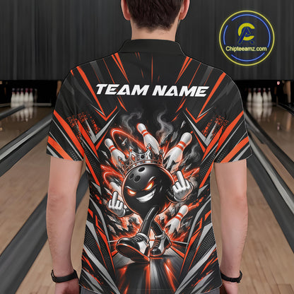 Custom Black And Orange Funny Bowling Ball With Crown Bowling Team Men Polo Shirt IPHW12329