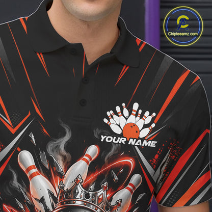 Custom Black And Orange Funny Bowling Ball With Crown Bowling Team Men Polo Shirt IPHW12329