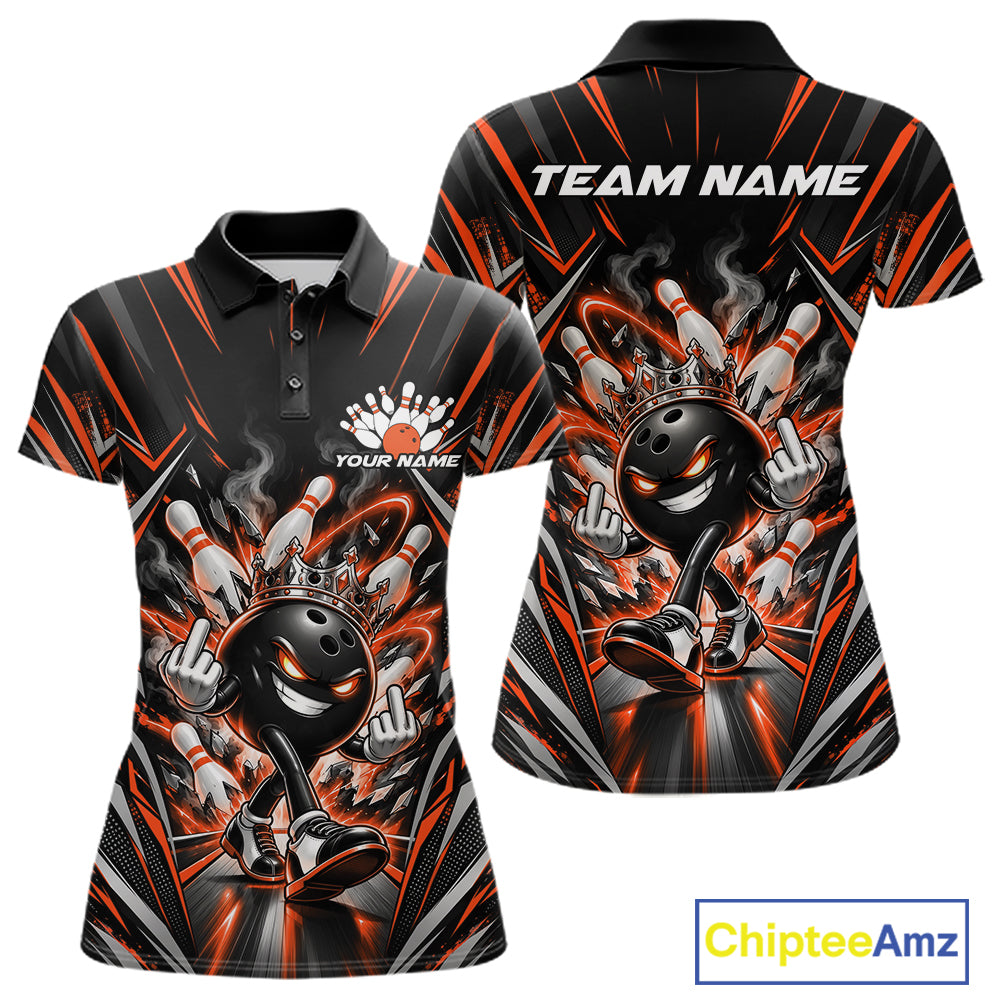 Custom Black And Orange Funny Bowling Ball With Crown Bowling Team Women Polo Shirt IPHW12329