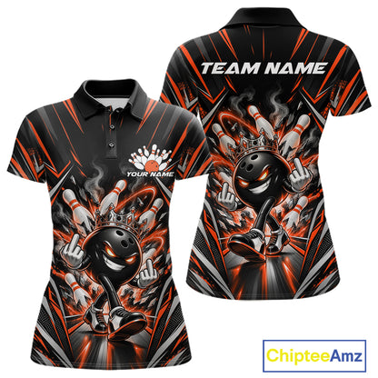 Custom Black And Orange Funny Bowling Ball With Crown Bowling Team Women Polo Shirt IPHW12329