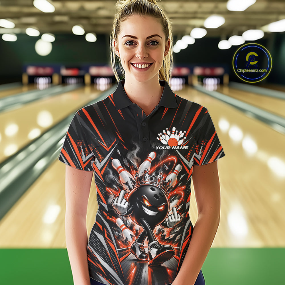 Custom Black And Orange Funny Bowling Ball With Crown Bowling Team Women Polo Shirt IPHW12329