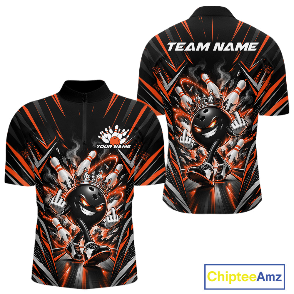 Custom Black And Orange Funny Bowling Ball With Crown Bowling Team Men Quarter Zip Shirt IPHW12329
