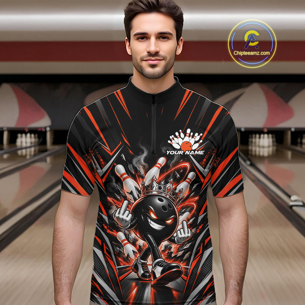 Custom Black And Orange Funny Bowling Ball With Crown Bowling Team Men Quarter Zip Shirt IPHW12329