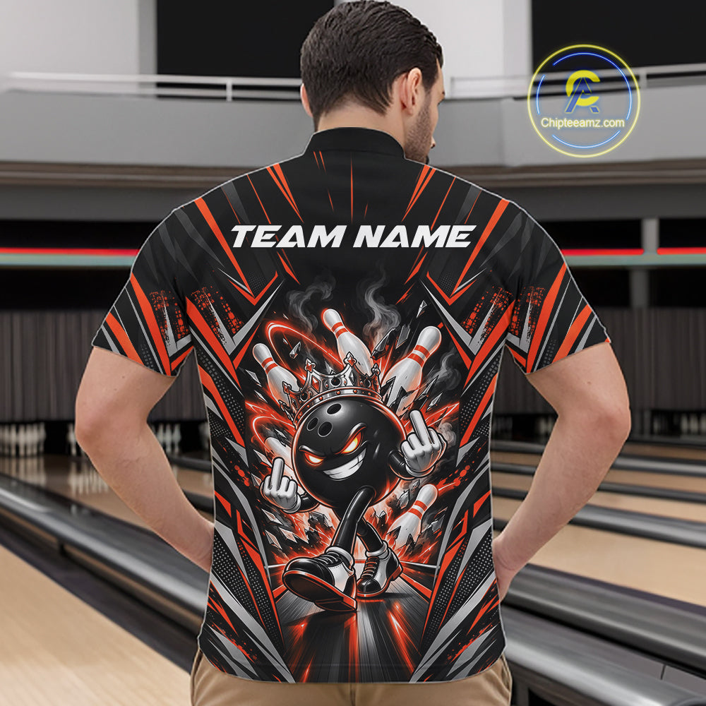 Custom Black And Orange Funny Bowling Ball With Crown Bowling Team Men Quarter Zip Shirt IPHW12329