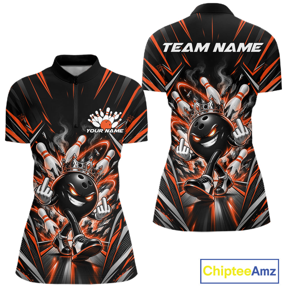 Custom Black And Orange Funny Bowling Ball With Crown Bowling Women Quarter-Zip Shirt IPHW12329