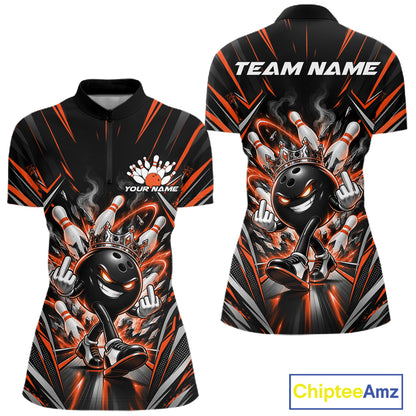 Custom Black And Orange Funny Bowling Ball With Crown Bowling Women Quarter-Zip Shirt IPHW12329