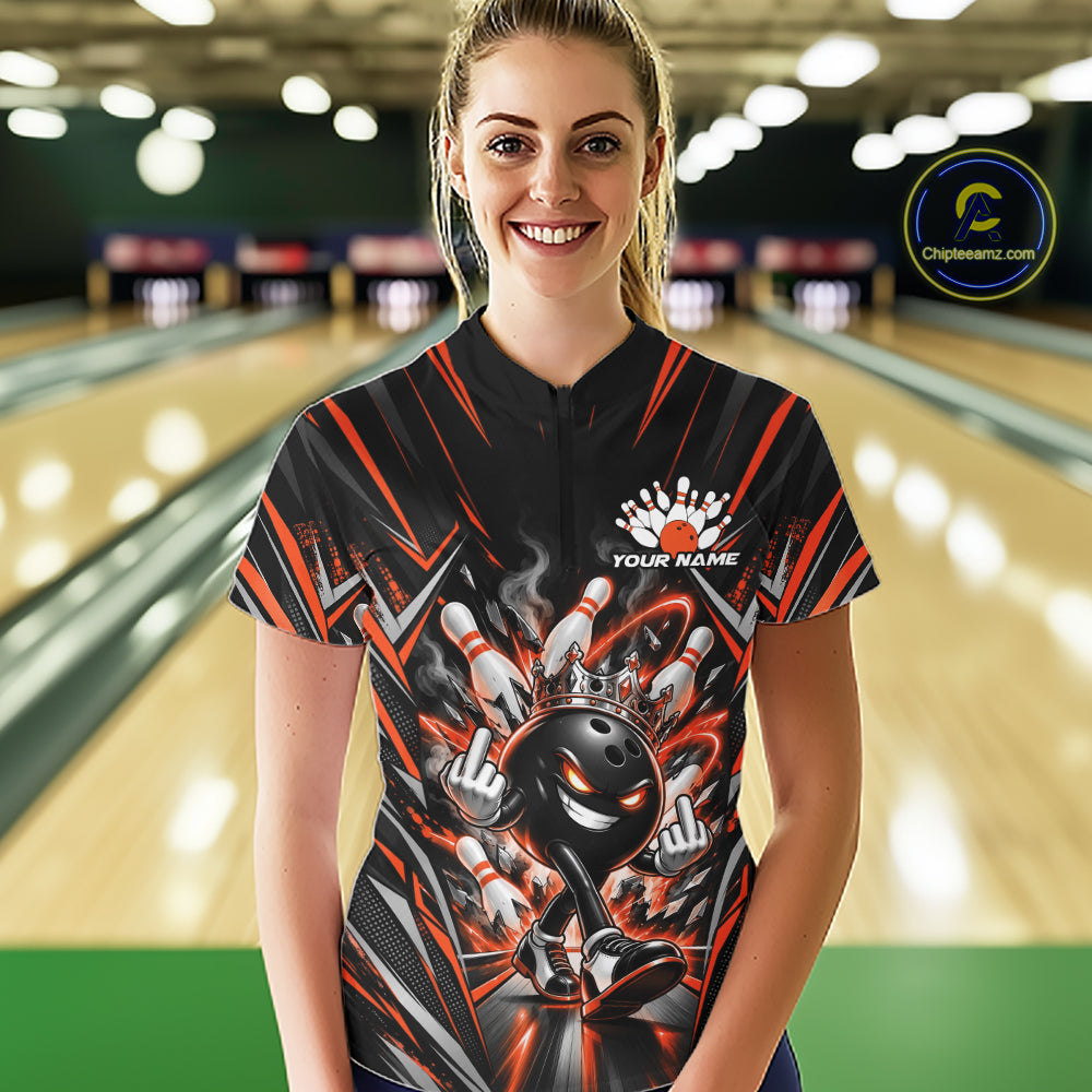 Custom Black And Orange Funny Bowling Ball With Crown Bowling Women Quarter-Zip Shirt IPHW12329