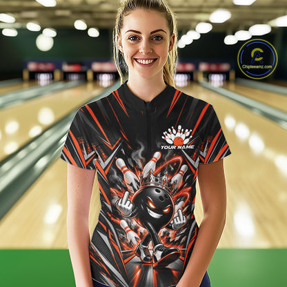 Custom Black And Orange Funny Bowling Ball With Crown Bowling Women Quarter-Zip Shirt IPHW12329