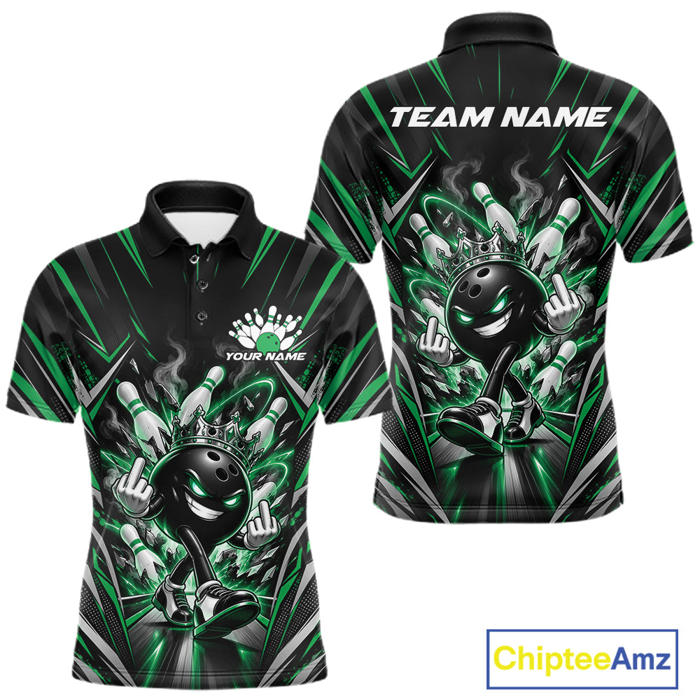 Custom Black And Green Funny Bowling Ball With Crown Bowling Team Men Polo Shirt IPHW12330