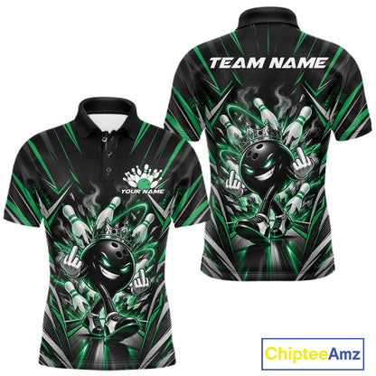 Custom Black And Green Funny Bowling Ball With Crown Bowling Team Men Polo Shirt IPHW12330