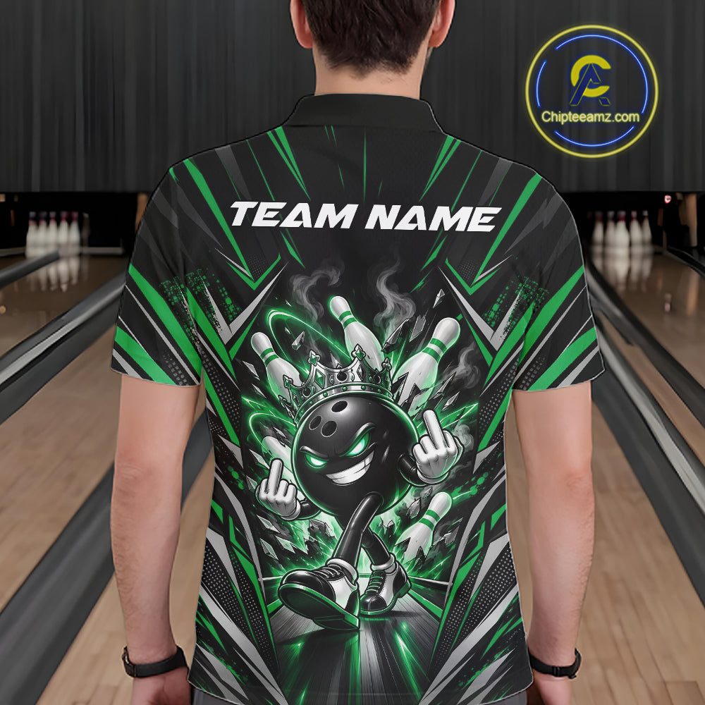 Custom Black And Green Funny Bowling Ball With Crown Bowling Team Men Polo Shirt IPHW12330
