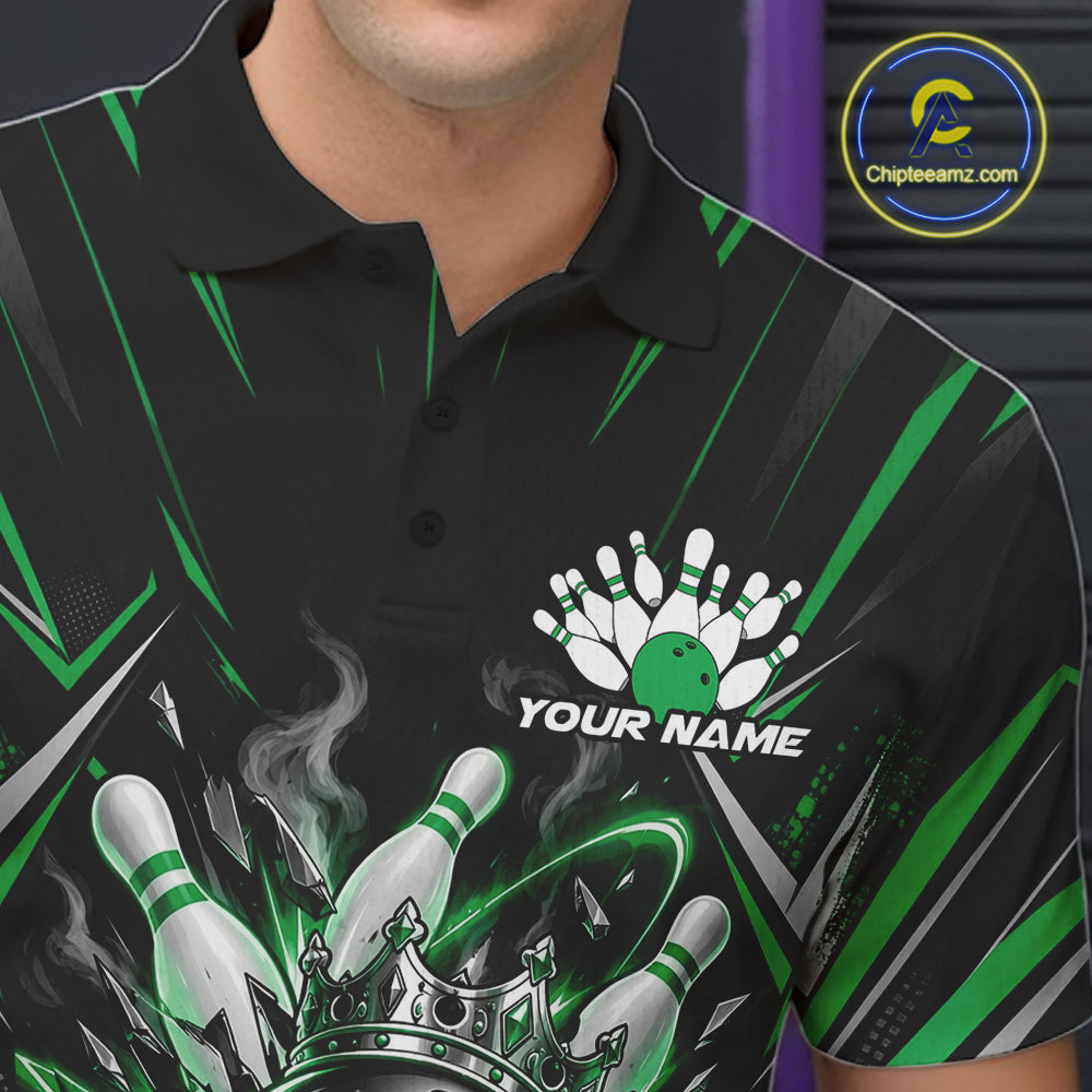 Custom Black And Green Funny Bowling Ball With Crown Bowling Team Men Polo Shirt IPHW12330